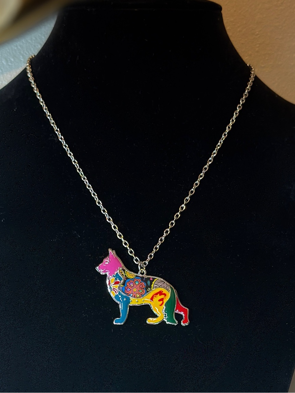 German Shepherd Dog Multicolor Enamel Pendant Necklace NWOT